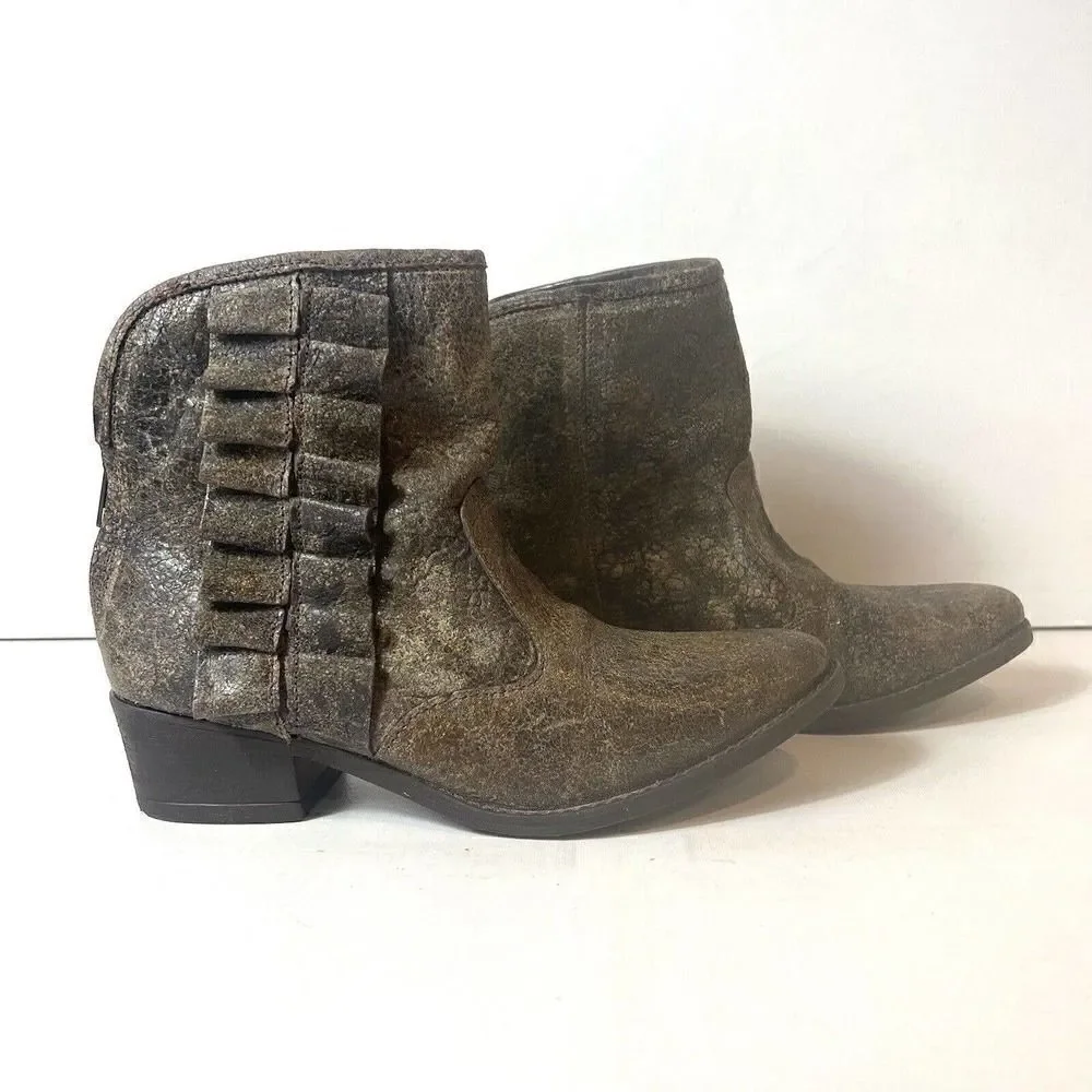 Betsey Johnson Seal Ruffled Brown Leather Back-Zip Western Ankle Bootie Womens 7